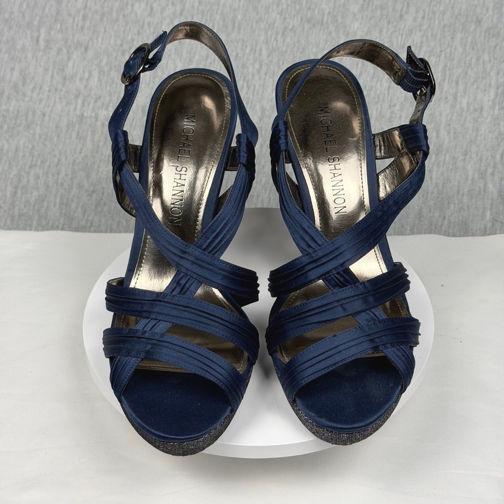 Michael Shannon Kara Navy Blue Satin‎ Glitter Platform Sandals Heels Womens 9M